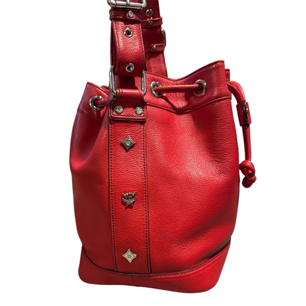 MCM Red Bucket Drawstring Bag with Adjustable Strap EUC - Picture 5 of 14